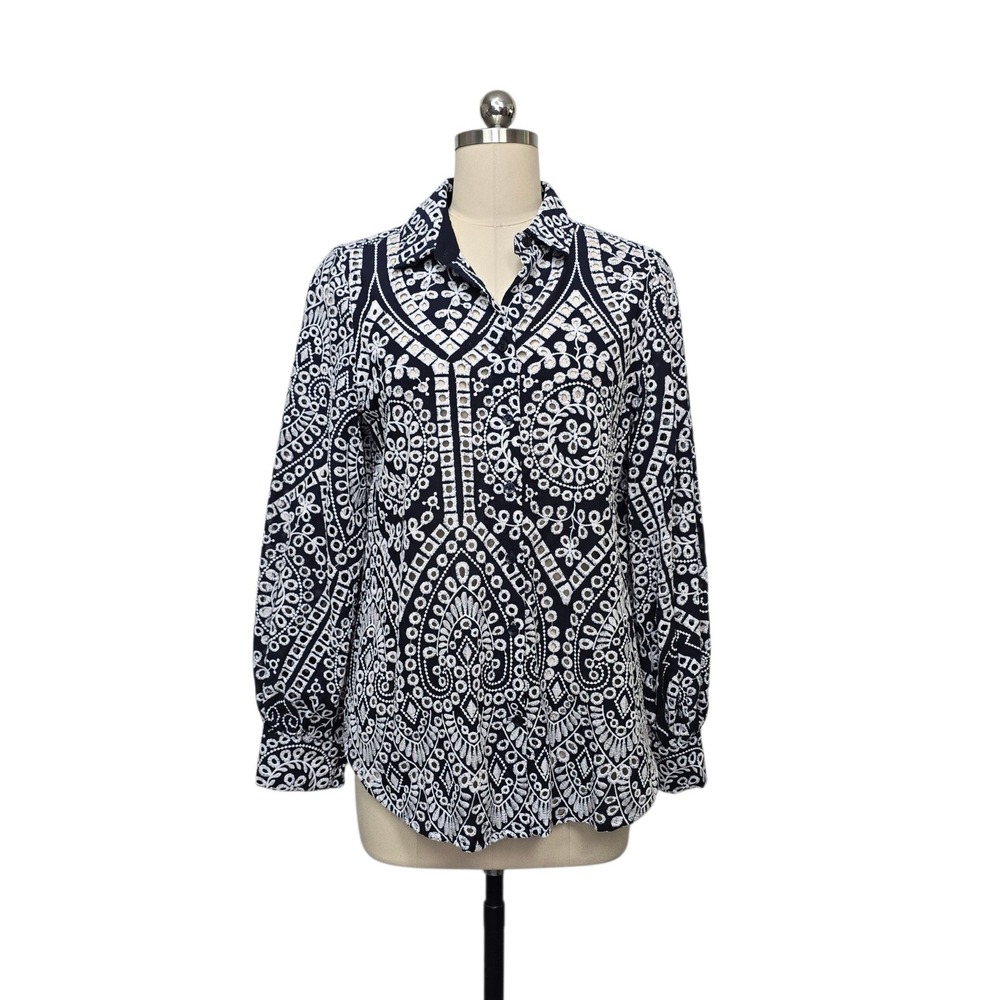 Chico's Navy Blue White Eyelet Embroidered Button Down Shirt Size 1.5 US 10